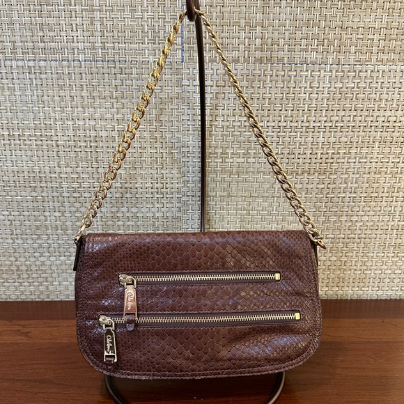 🌟HP🌟VTG 1990s Cole Haan Brown Reptile Embossed Leather Convertible Messenger - Picture 4 of 16
